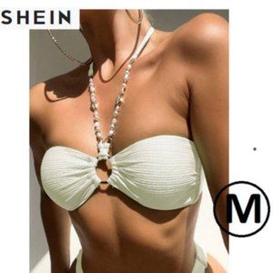 $5 Add on Pearl accent Bandeau Bikini Top With Ring Circle Center NWOT
